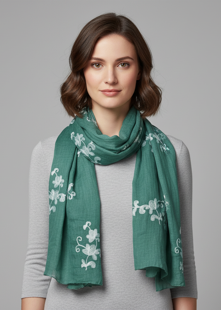 Lightweight green summer shawl scarf with intricate floral pansy embroidery and fringe edges