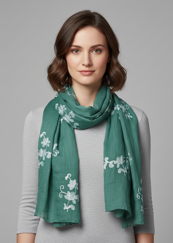 Lightweight green summer shawl scarf with intricate floral pansy embroidery and fringe edges