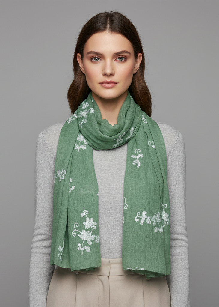Lightweight mint green summer shawl with intricate floral pansy embroidery and sheer fabric