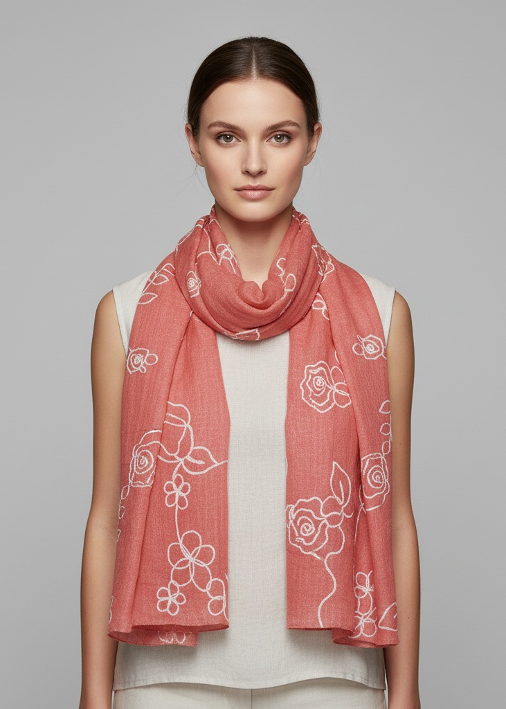 Lightweight peach summer shawl with intricate rose floral embroidery and fringed edges