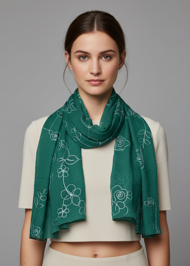 Lightweight green summer shawl scarf featuring intricate floral rose embroidery and fringed edges