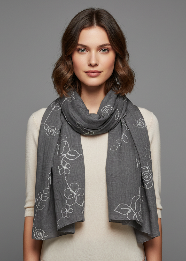 Lightweight summer shawl scarf wrap in grey featuring intricate rose floral embroidery