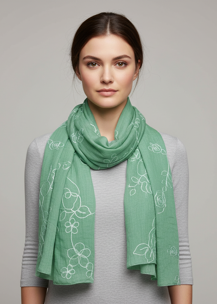 Lightweight summer shawl scarf featuring intricate rose floral embroidery in mint green