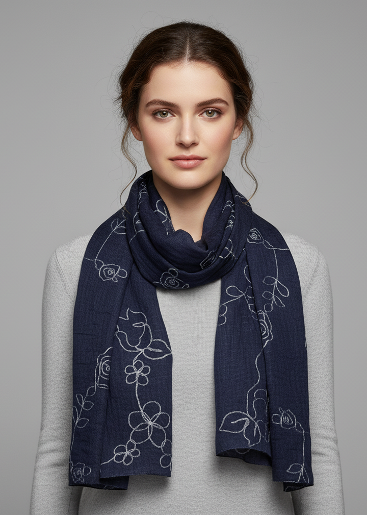 Lightweight summer shawl scarf with navy blue fabric and intricate floral rose embroidery