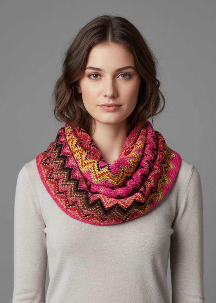 Pink knitted chevron multicolor zigzag infinity loop scarf for winter warmth and fashion.