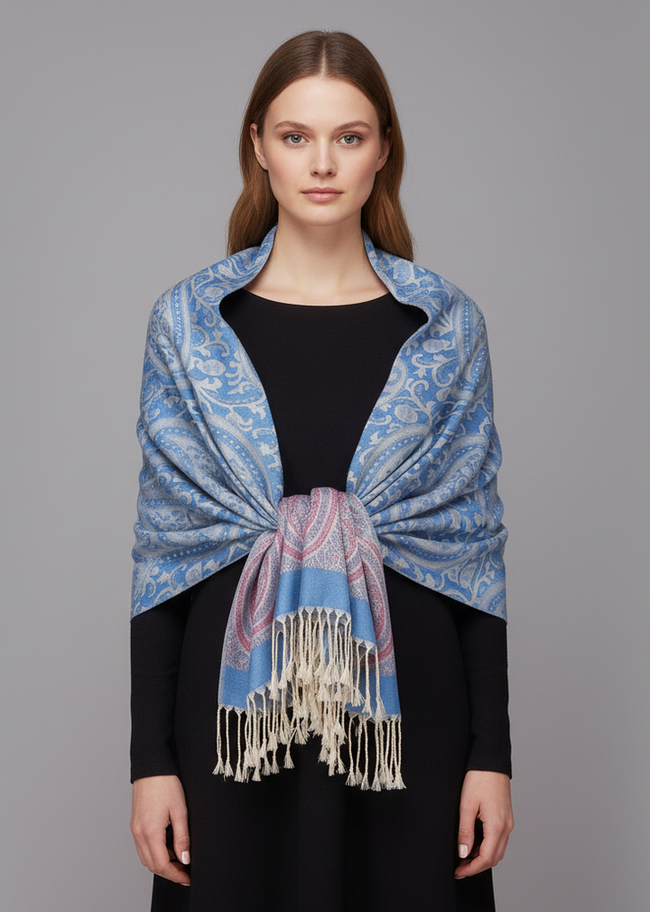 Large vintage vine paisley printed pashmina shawl scarf in blue and cream colors.