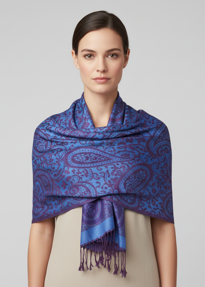Large pashmina shawl featuring an intricate blue and plum vintage vine paisley print with delicate fringed edges.
