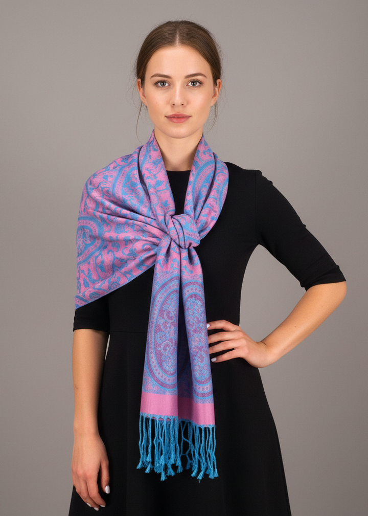 Large pink and turquoise pashmina shawl featuring an intricate vintage vine paisley print and fringed edges.
