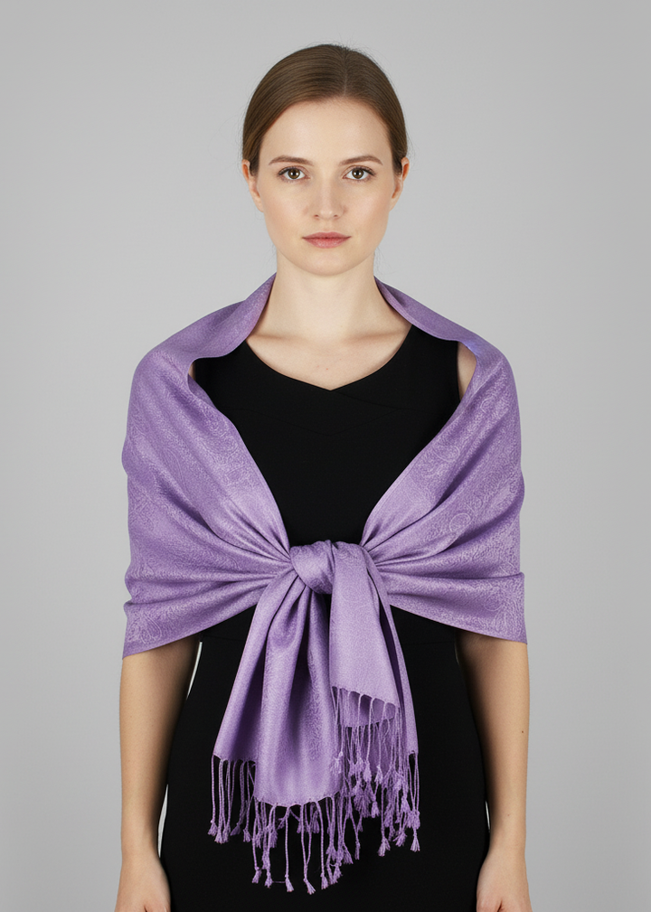 Elegant double layer jacquard paisley pashmina shawl wrap in light purple.
