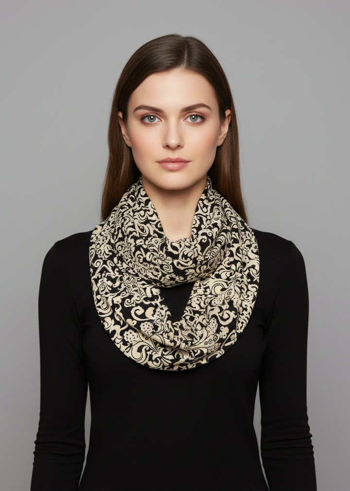 Lightweight soft silky elegant infinity loop scarf with henna damask print in black and ivory.