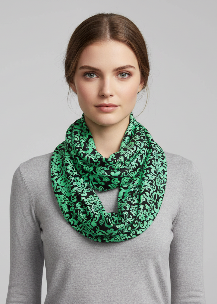 Teal and black henna damask print infinity loop scarf in soft silky fabric for elegant gatsby style.