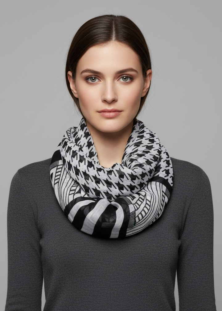 Light tribal and striped houndstooth sheer infinity loop scarf in black and white featuring a lightweight breathable fabric and versatile multi-pattern design.