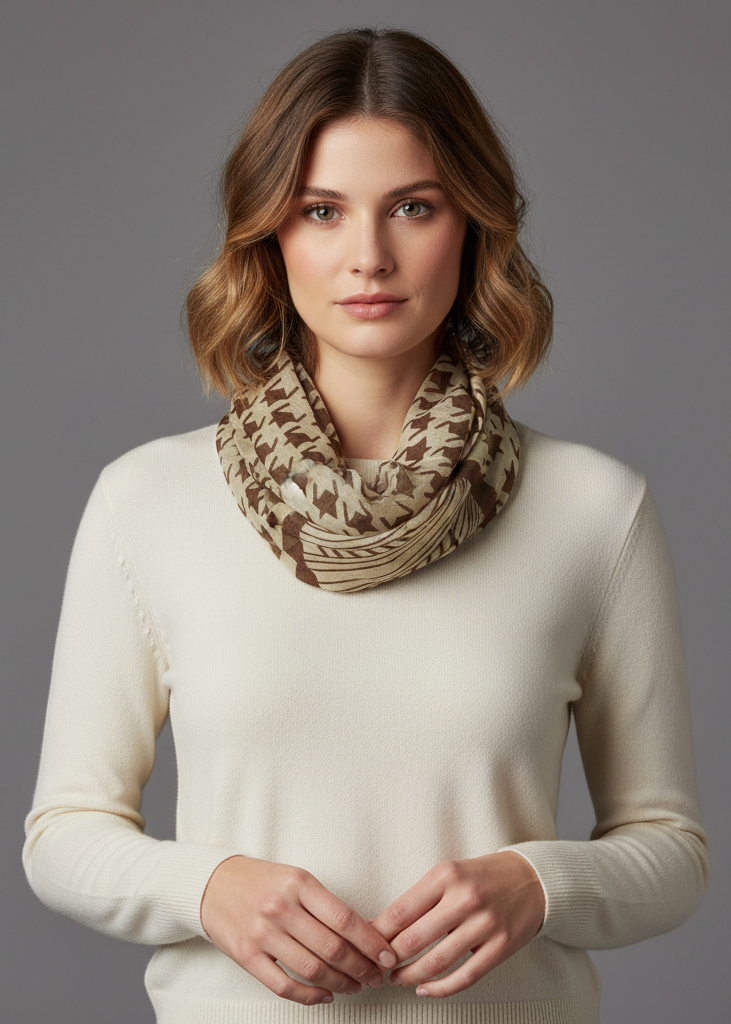 Sheer infinity loop scarf featuring a brown and tan tribal and striped houndstooth pattern.