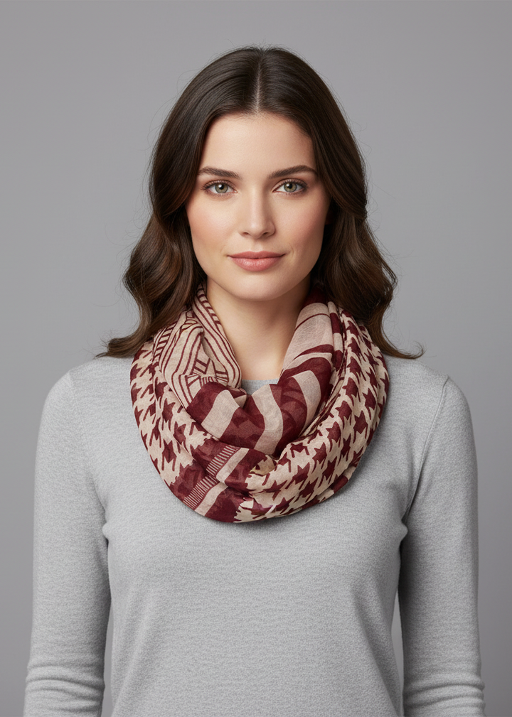 Light tribal striped houndstooth sheer infinity loop scarf in red and cream.