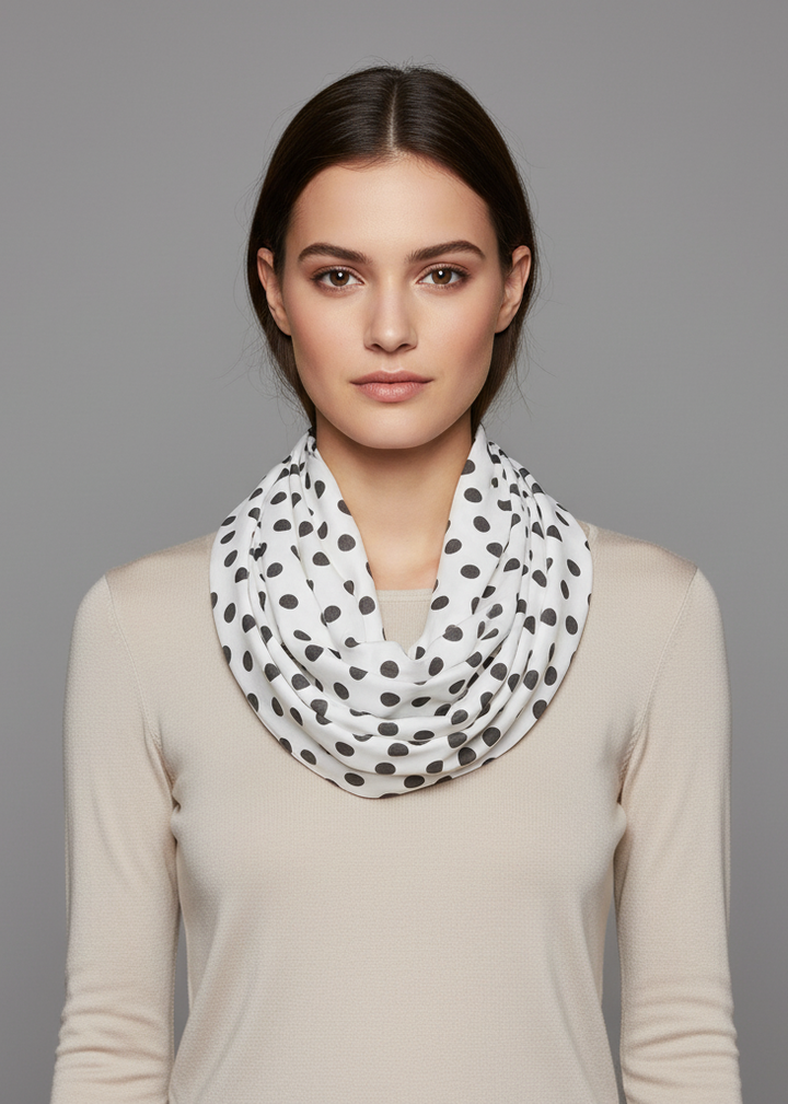 Lightweight and sheer polka dot infinity loop scarf with a classic circle print.