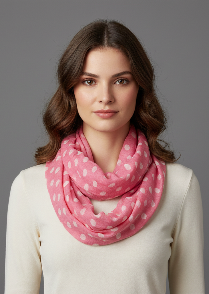 Lightweight and sheer baby pink and ivory polka dot circle print infinity loop scarf for women.