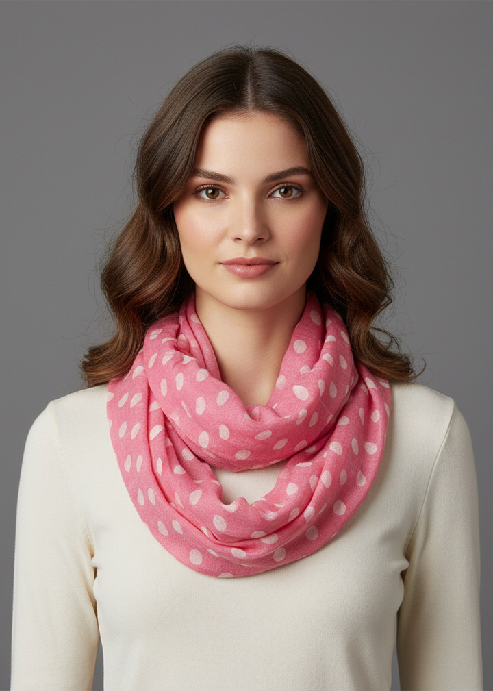 Lightweight and sheer baby pink and ivory polka dot circle print infinity loop scarf for women.