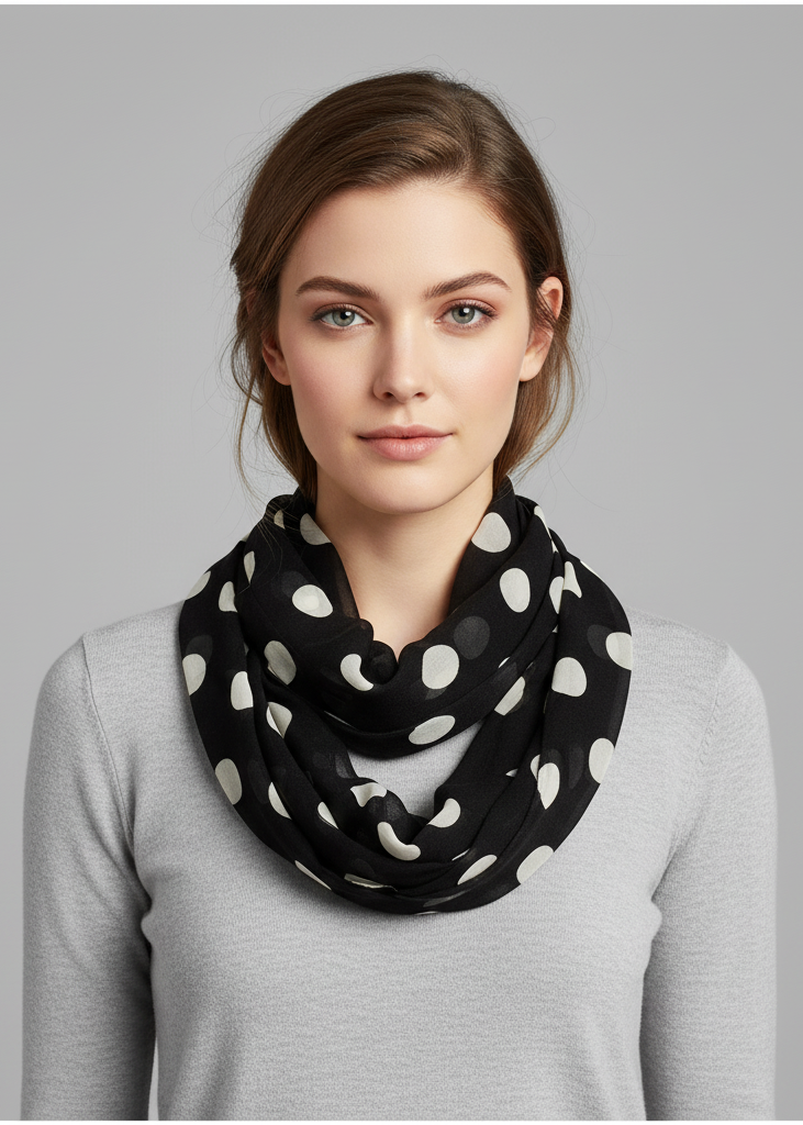Lightweight and sheer black and beige infinity loop scarf featuring a classic polka dot and circle print.