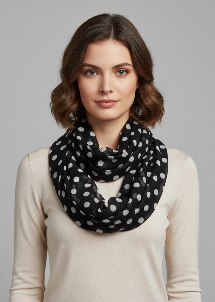 Classic black and white polka dot infinity loop scarf in a light and sheer fabric for women.