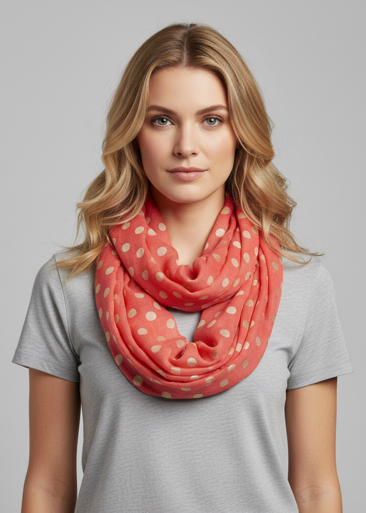 Light and sheer coral infinity loop scarf featuring a playful white polka dot and circle print.