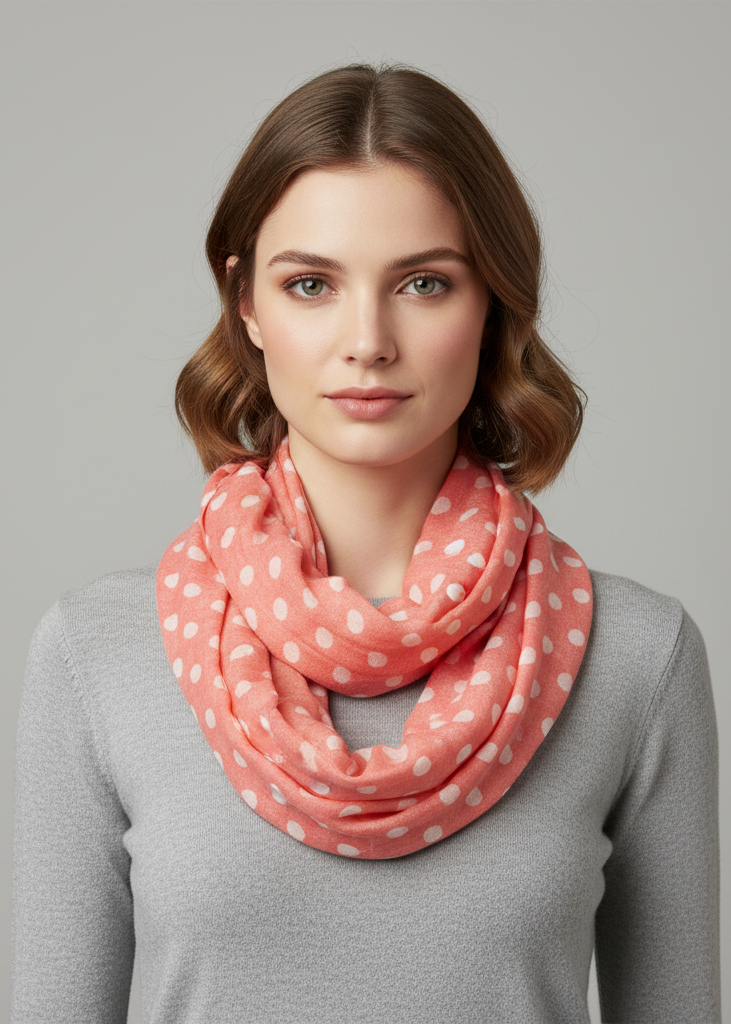 Light and sheer polka dot circle print infinity loop scarf in coral and cream.
