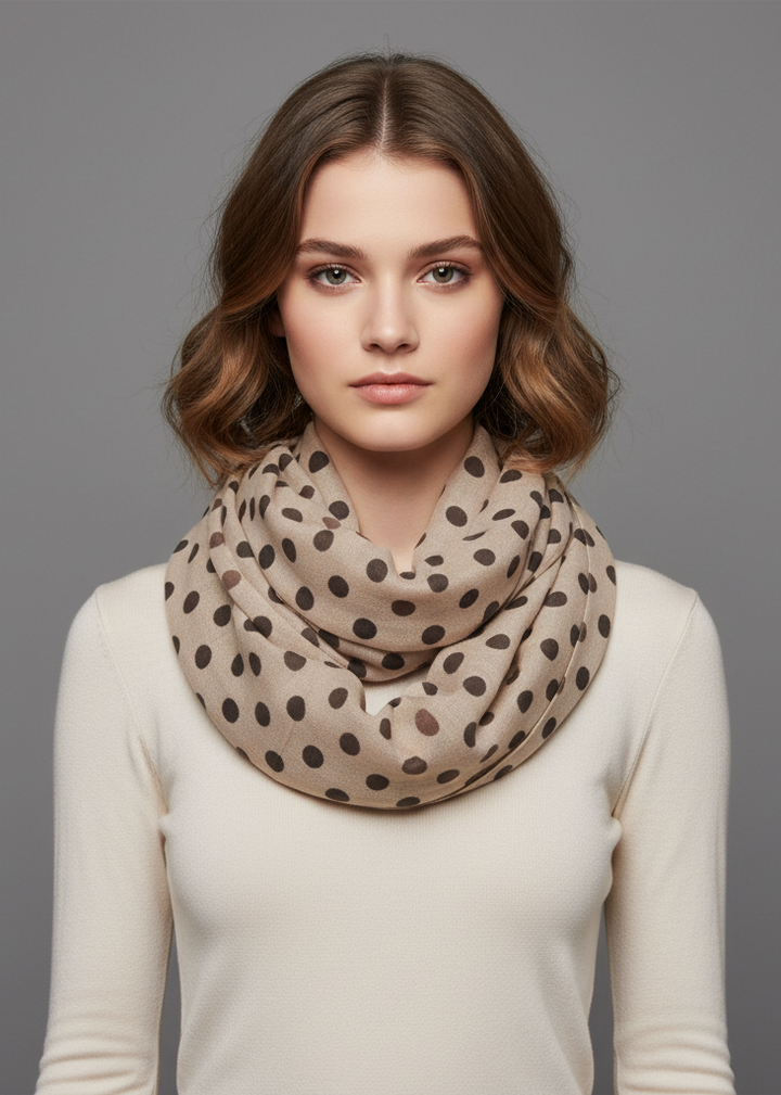 Light and sheer cream infinity loop scarf with a polka dot circle print for women.