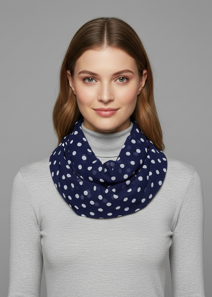 Light and sheer navy infinity loop scarf with white polka dot circle print for women.