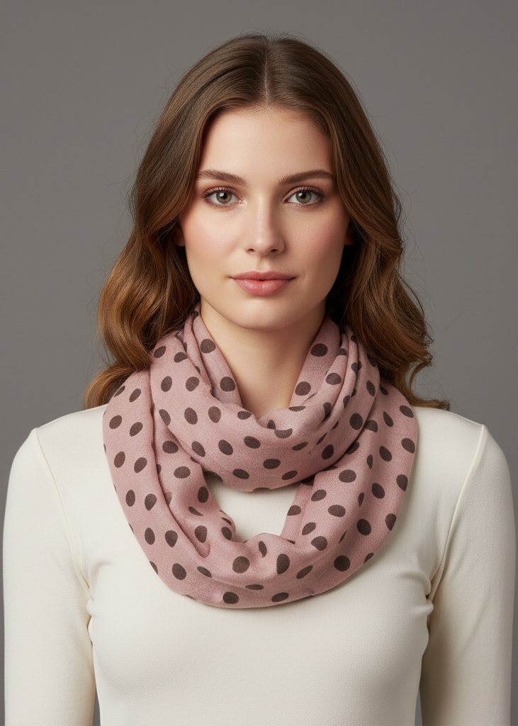 Pink and white polka dot sheer infinity loop scarf for women.