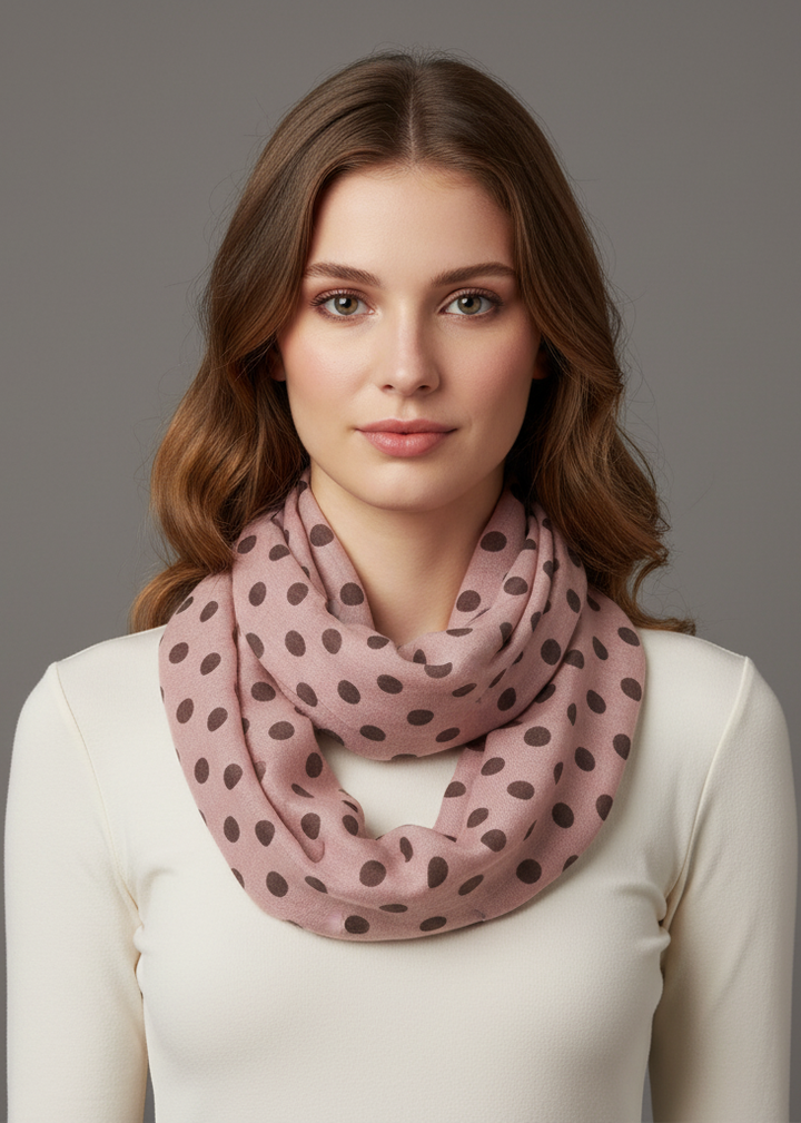 Pink and white polka dot sheer infinity loop scarf for women.