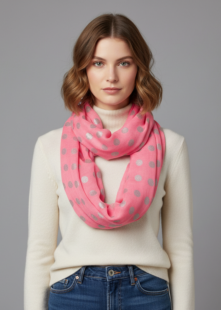 Light and sheer pink and dark grey polka dot circle print infinity loop scarf for women.