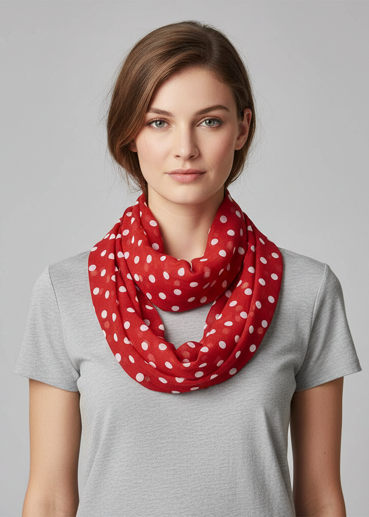 Light and sheer red infinity loop scarf featuring a white polka dot circle print.