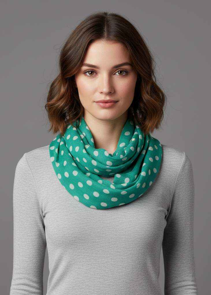 Lightweight and sheer teal and ivory polka dot circle print infinity loop scarf for women.