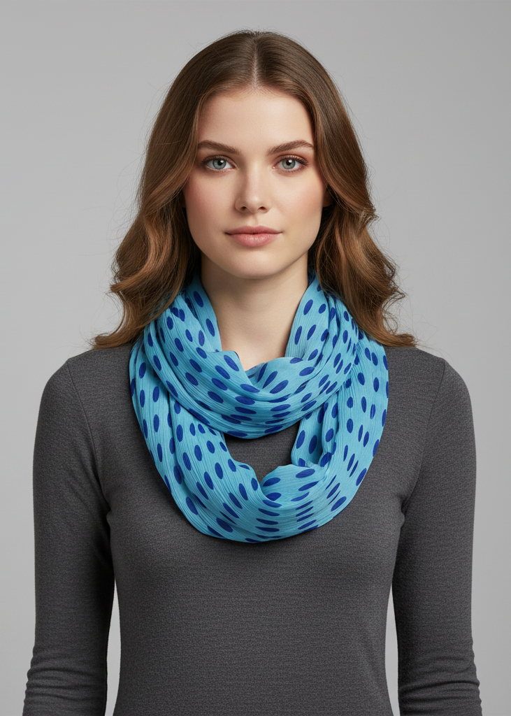 Light and sheer aqua crinkle infinity loop scarf with a classic white polka dot circle print for women.