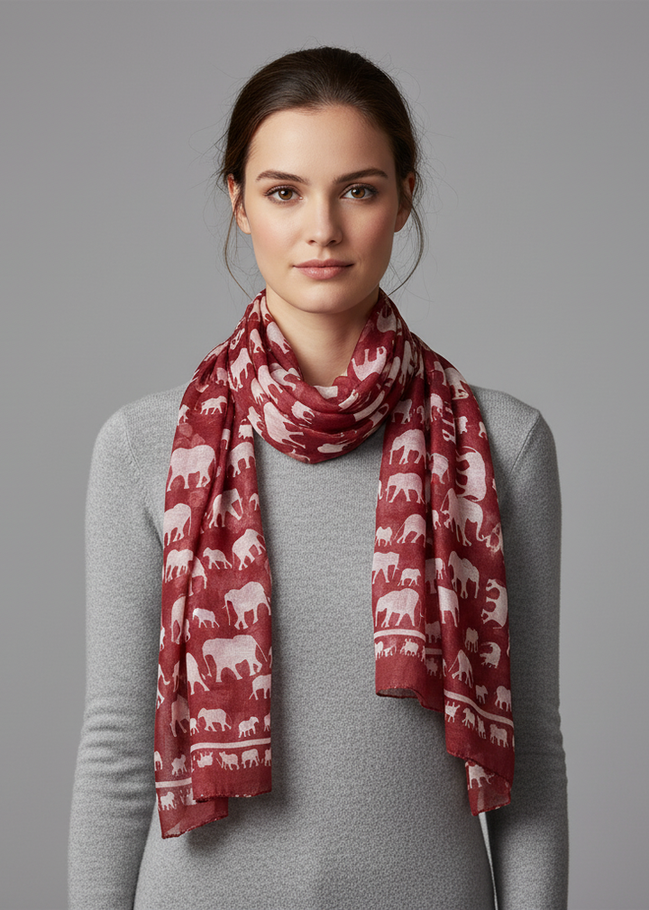 Lightweight red animal print scarf with elephant pattern designed as a summer wrap shawl for women