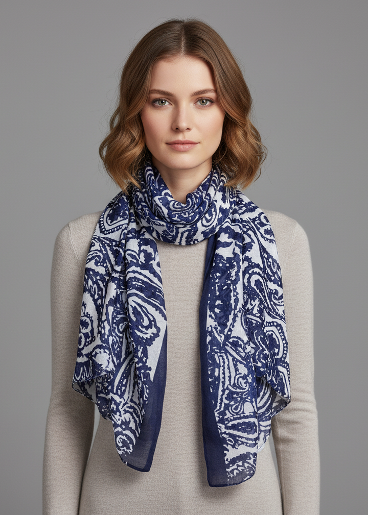 Lightweight navy blue scarf featuring a detailed white damask paisley pattern with fringed edges