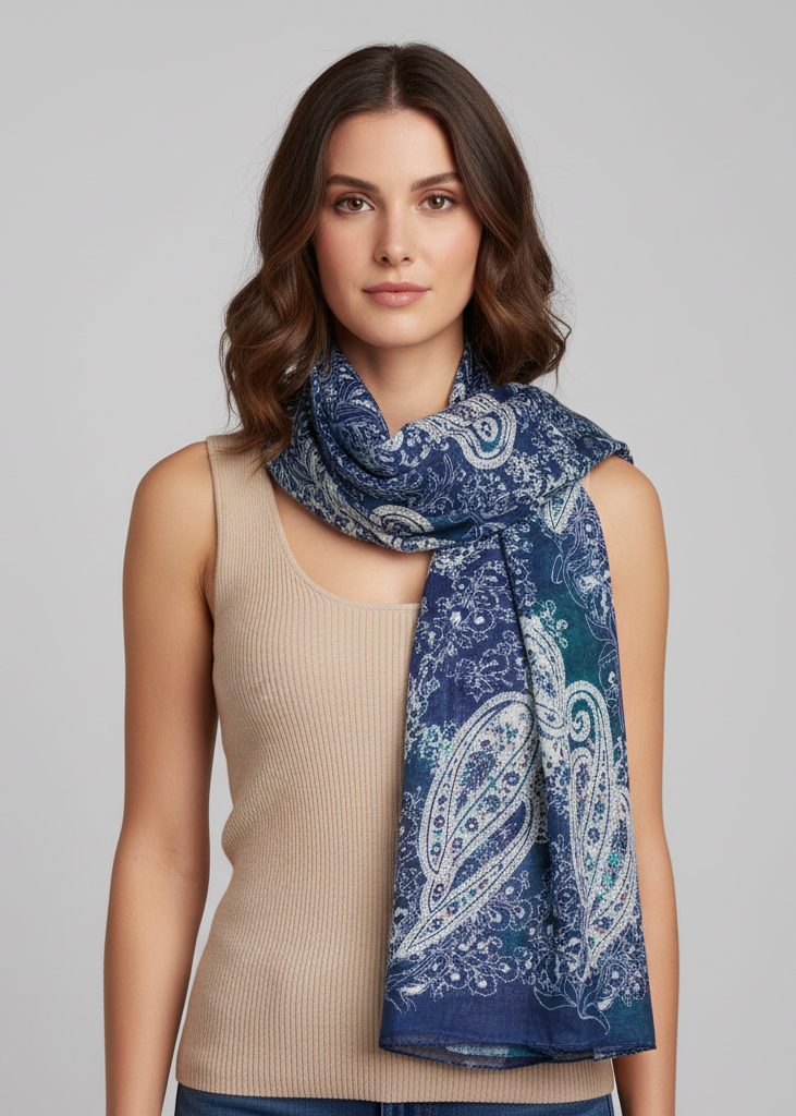 Lightweight navy blue damask paisley scarf and sheer summer shawl wrap