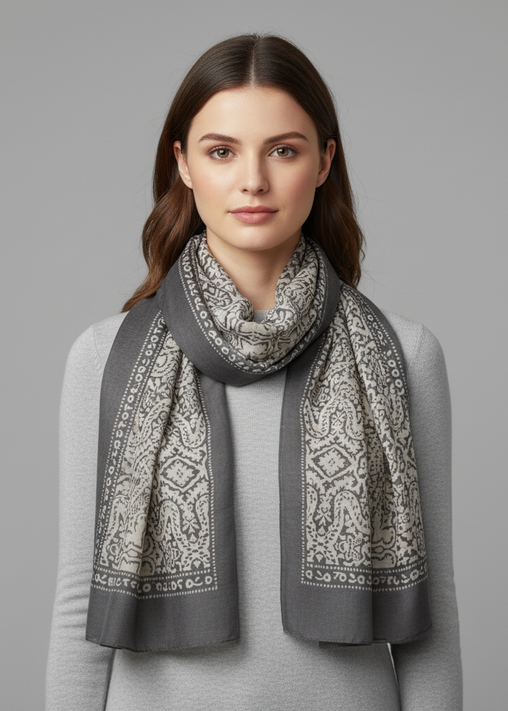 Sheer grey lightweight scarf with an intricate damask paisley pattern and delicate fringed edges