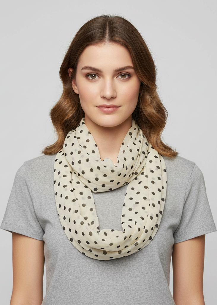 Lightweight cream infinity loop scarf with small polka dot pattern in a sheer fabric.