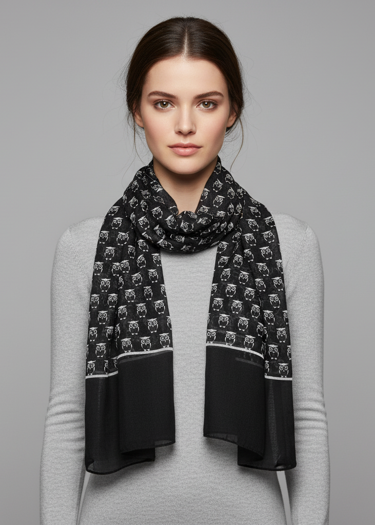 Lightweight soft animal owl printed scarf shawl in black for women