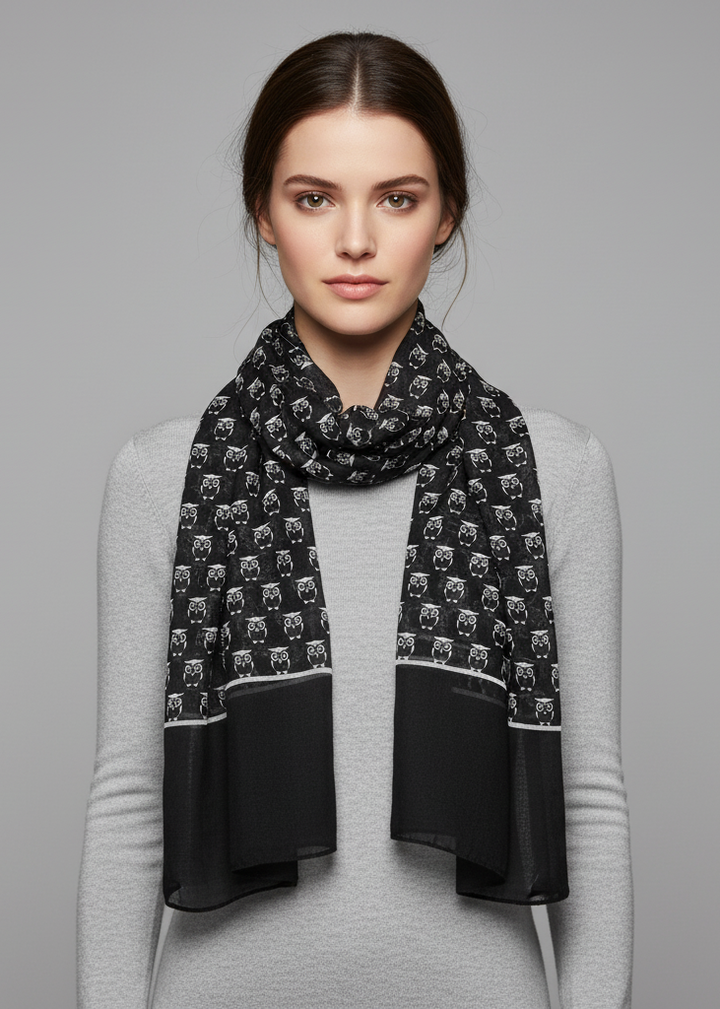 Lightweight soft animal owl printed scarf shawl in black for women