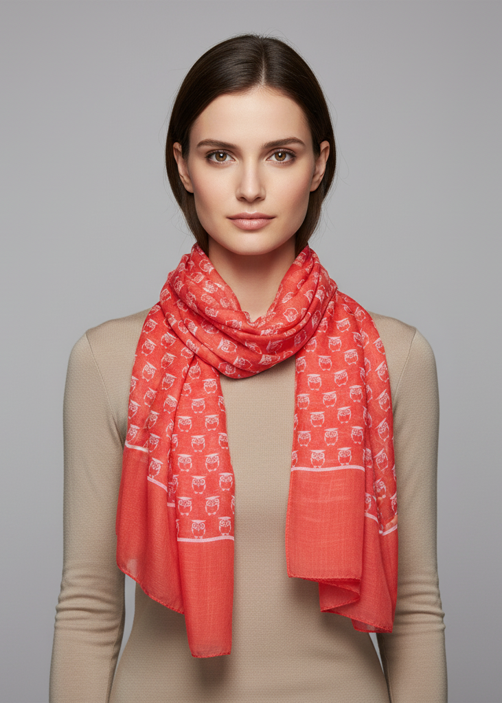 Lightweight coral pink fashion scarf featuring a soft animal owl print pattern for women