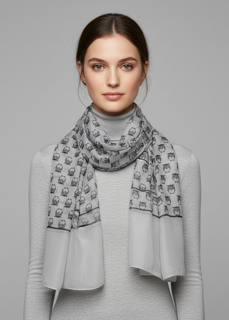 Lightweight soft animal owl printed scarf shawl in grey for women