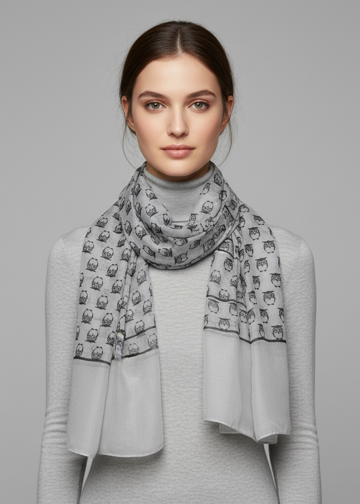 Lightweight soft animal owl printed scarf shawl in grey for women