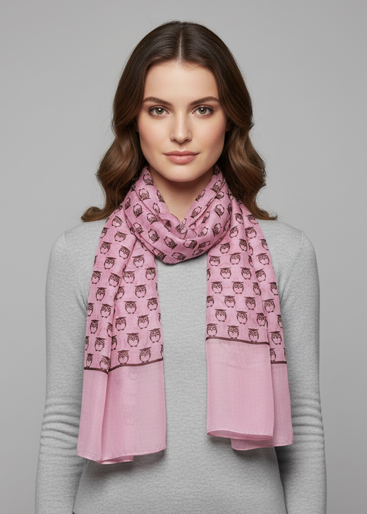 Lightweight soft pink scarf with animal owl print pattern for women