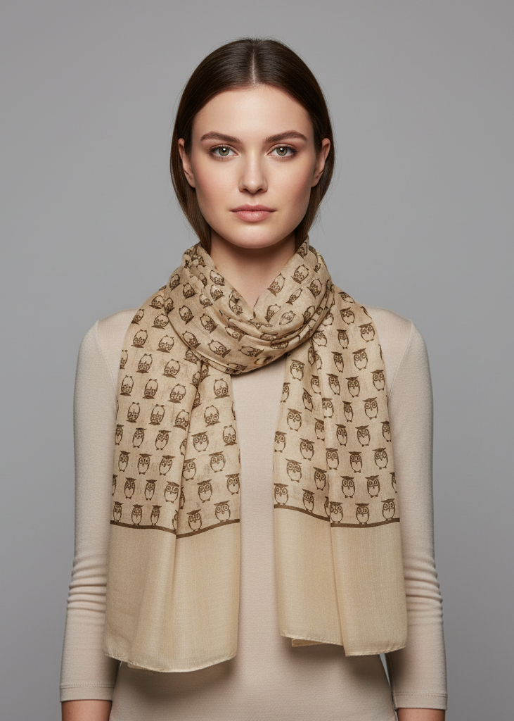 Lightweight soft animal owl printed scarf shawl in tan for women