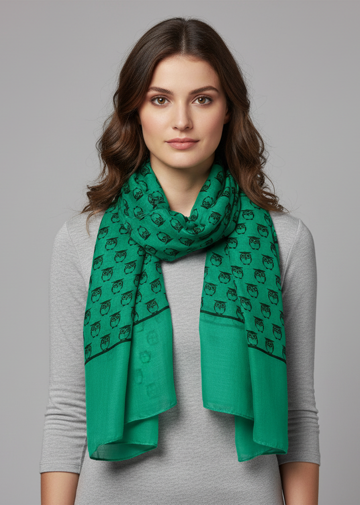 Lightweight teal sheer scarf featuring a vintage-inspired soft animal owl print pattern for women