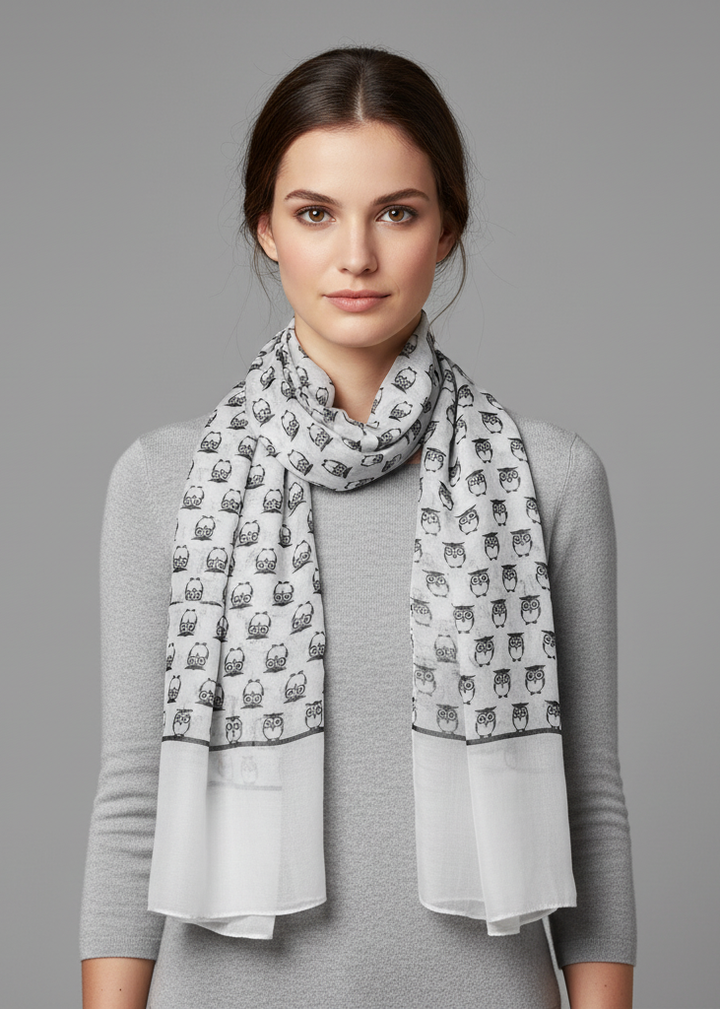 Lightweight soft white shawl featuring a repetitive owl print pattern for women
