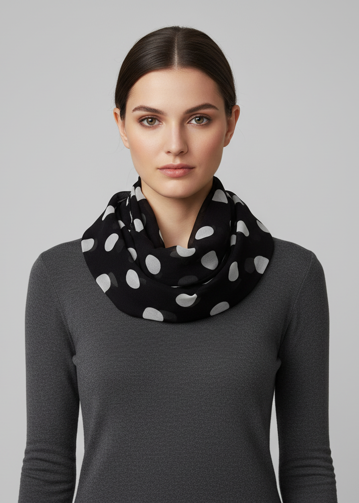 Vibrant black sheer infinity loop scarf featuring a delicate speckled polka dot and circle print.