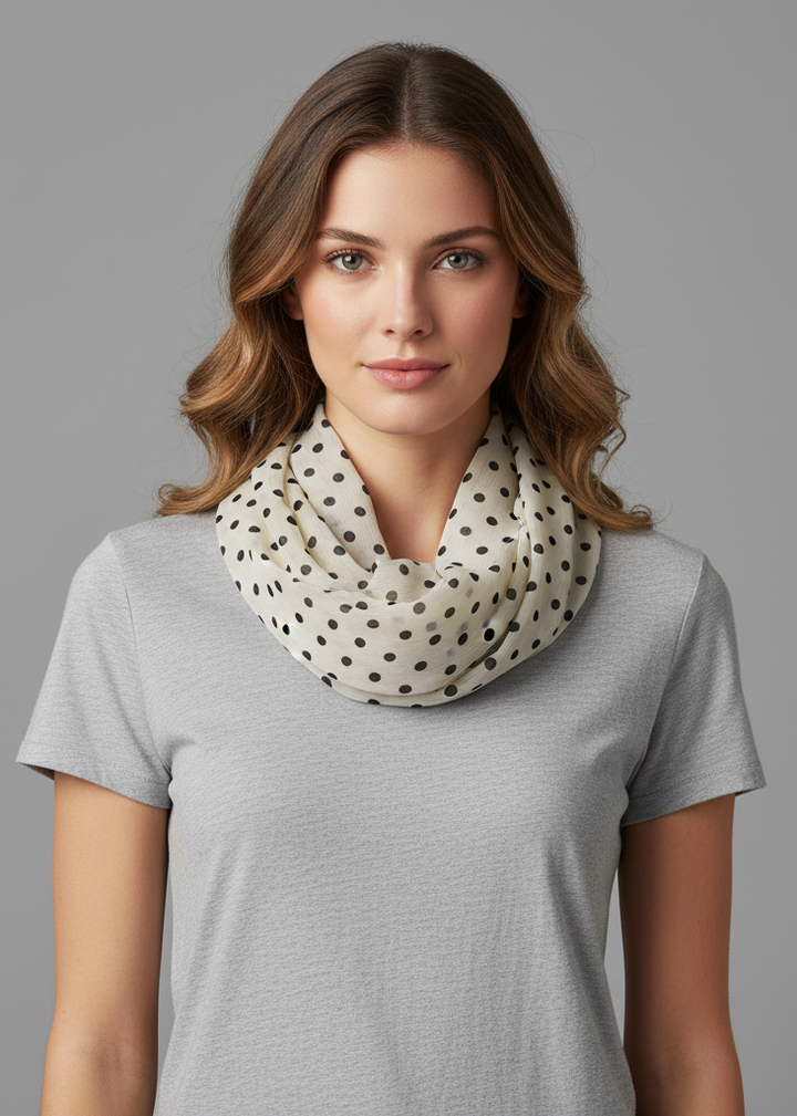 Lightweight cream and black sheer infinity loop scarf with a speckled polka dot circle print for women.