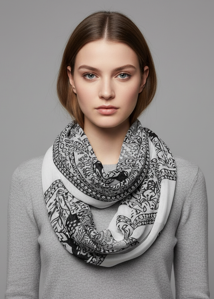 Elegant infinity loop scarf featuring a nature-inspired deer and animal print design in black.